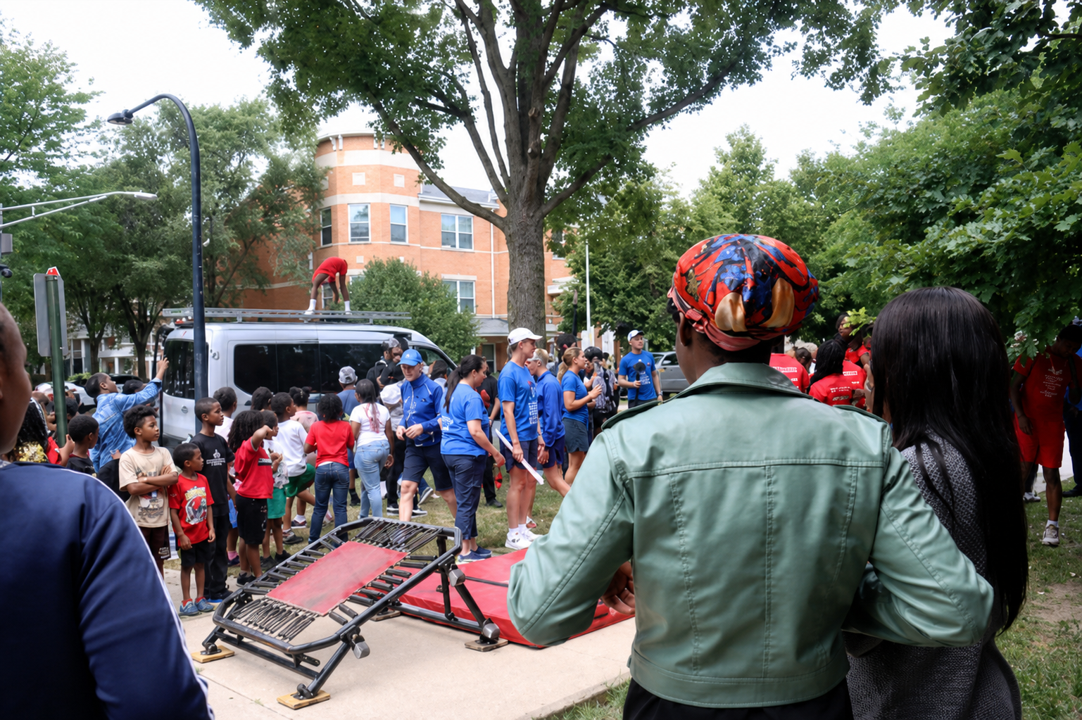 Families and community partners gathered outdoors