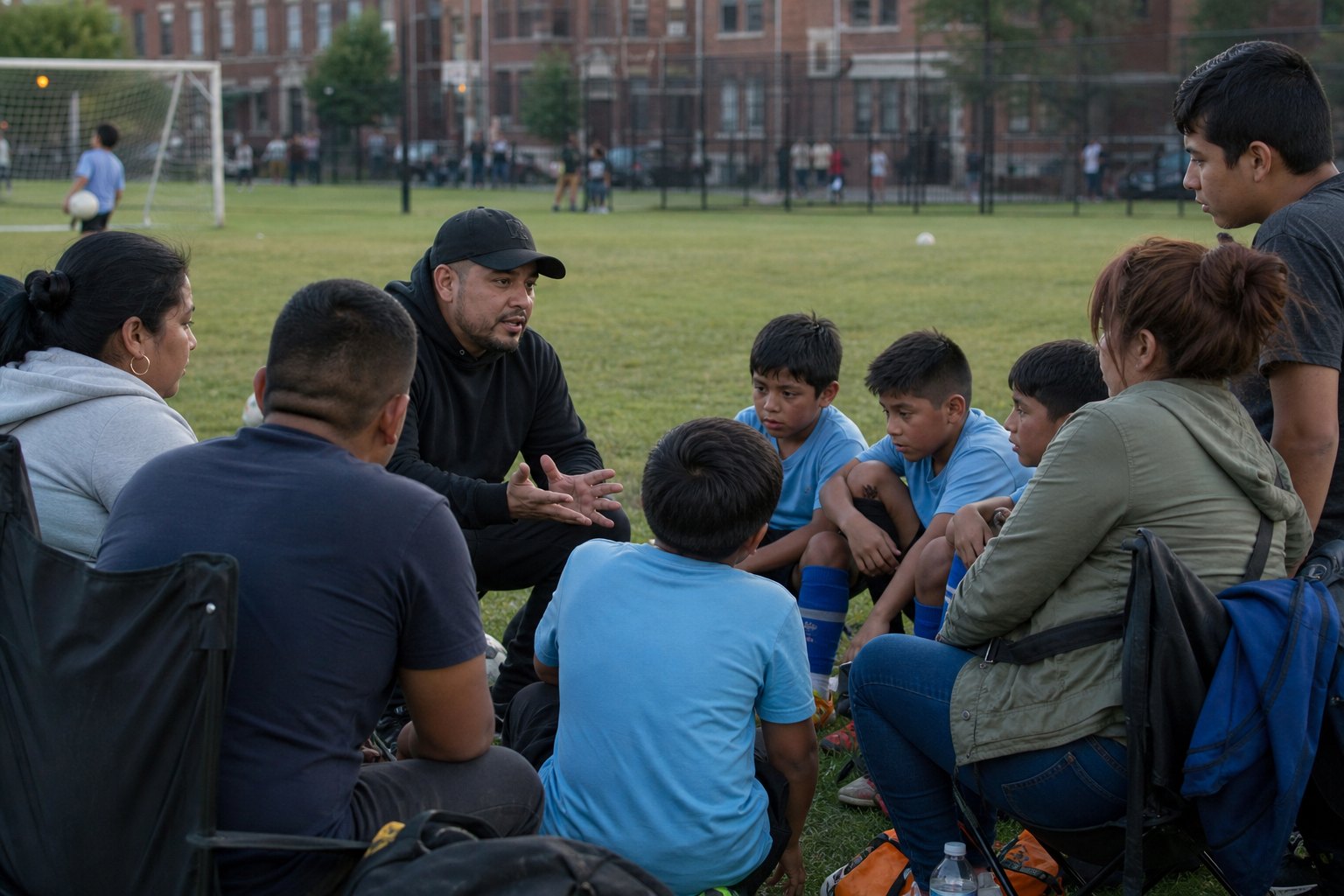South Chicago youth and families discussing leadership beside a soccer field