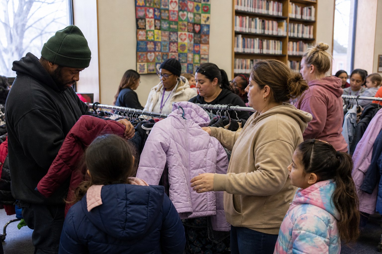Summit families connecting with volunteers at a coat and resource fair